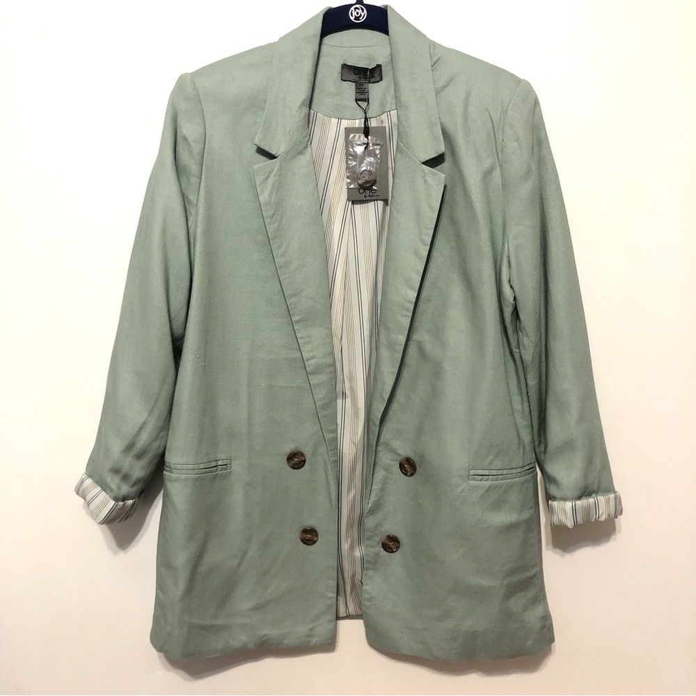 One by Chapter One Linen Open Front Blazer with Striped Lining